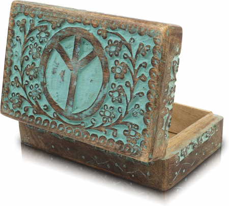 Cutie ornamentala sculptata in lemn maro, urme albastre, 20 x 12 x 6 cm [8]