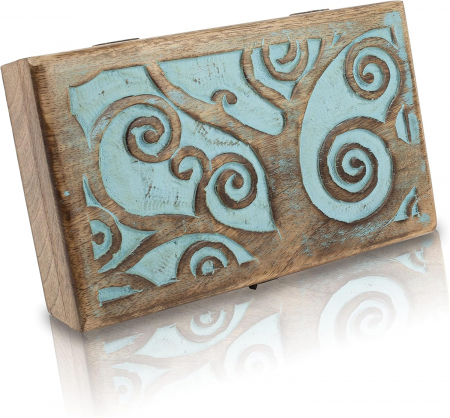 Cutie ornamentala sculptata in lemn maro,  20 x 12 x 6 cm urme albastre [8]