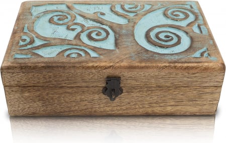 Cutii bijuterii - Cutie ornamentala sculptata in lemn maro,  20 x 12 x 6 cm urme albastre