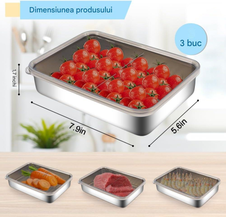 Set 3 cutii alimentare din otel inoxidabil cu capac din plastic transparent, caserole etans [5]