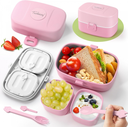 CUTII ALIMENTARE - Cutie Roz pentru pranz copii cu blocator deschidere si tacamuri