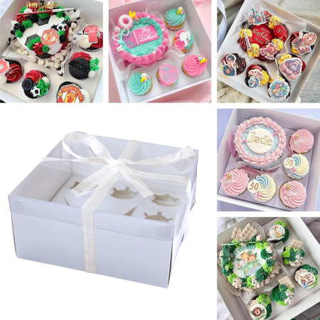 CUTII ALIMENTARE - Cutii Tort și Cupcakes, 26 x 26 x 12,5 cm, Fereastră Transparentă, Panglică, set 30 bucati