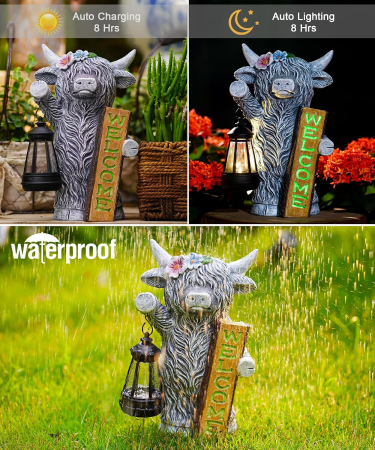 Figurină Grădină Văcuță Highland cu Lampă Solară LED, Semn Welcome, 27,6 cm, Decor Exterior [4]