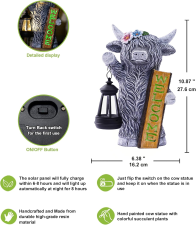 Figurină Grădină Văcuță Highland cu Lampă Solară LED, Semn Welcome, 27,6 cm, Decor Exterior [2]