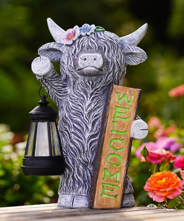 Figurină Grădină Văcuță Highland cu Lampă Solară LED, Semn Welcome, 27,6 cm, Decor Exterior [6]