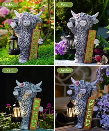 Figurină Grădină Văcuță Highland cu Lampă Solară LED, Semn Welcome, 27,6 cm, Decor Exterior [5]