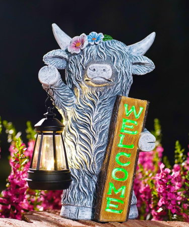 ornamente solare de gradina - Figurină Grădină Văcuță Highland cu Lampă Solară LED, Semn Welcome, 27,6 cm, Decor Exterior