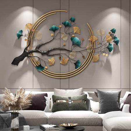 decoratiuni perete - Arta murală metalică 3D frunză ginkgo handmade modern lux –decoratiune abstracta mare 110x68cm