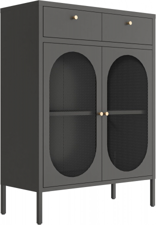 Sifoniere si dulapuri - Dulap de depozitare lateral metalic cu rafturi detașabile, 2 uși de sticlă, 2 sertare, Negru, 110 x 80 x 35 cm