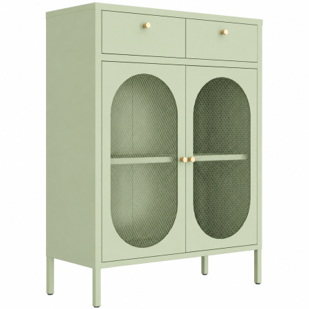 Sifoniere si dulapuri - Dulap de depozitare lateral metalic cu rafturi detașabile, 2 uși de sticlă, 2 sertare, Verde, 110 x 80 x 35 cm