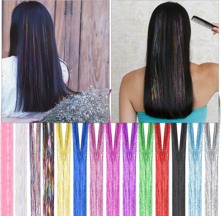 Șuvițe decorative pentru păr, Hair Tinsel, 14 culori, 94 cm, extensii colorate cu efect strălucitor [5]