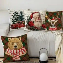 Fete perini - Fete de perini ornamentale, cu model de Craciun urs 45x45 cm set 4 bucati