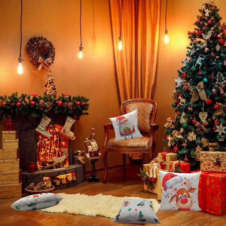 Fete de perini ornamentale, cu model de Mos, ren, oameni zapada 45x45 cm set 4 bucati [3]
