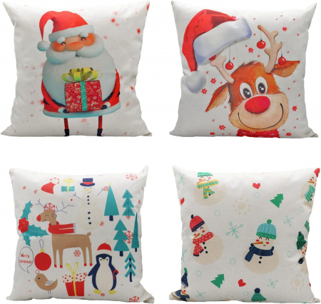 Fete perini - Fete de perini ornamentale, cu model de Mos, ren, oameni zapada 45x45 cm set 4 bucati