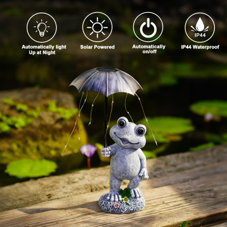 Figurină decorativă solara broscuta cu LED-uri, lumină caldă, rășină, alimentare pe baterii, cutie cadou [6]