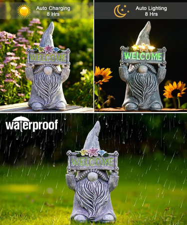 Pitic de Grădină cu LED Solar, Figurină Decorativă cu Semn Welcome, Lumină Automată, Exterior/Interior [4]
