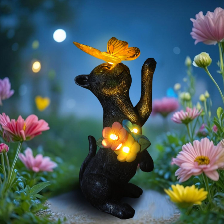 ornamente solare de gradina - Decorațiune Solară Grădină Lifemet, Pisică Neagră cu Fluture și Felinar LED, Rășină