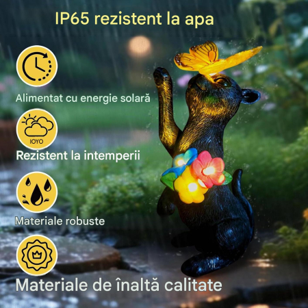 Decorațiune Solară Grădină Lifemet, Pisică Neagră cu Fluture și Felinar LED, Rășină [2]