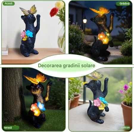 Decorațiune Solară Grădină Lifemet, Pisică Neagră cu Fluture și Felinar LED, Rășină [1]