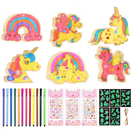 PICTURA - Figurine de artizanat din lemn cu unicorn, 56 de bucăți, cu stilou acuarelă și autocolante cu strass pentru decorare