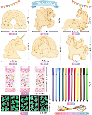 Figurine de artizanat din lemn cu unicorn, 56 de bucăți, cu stilou acuarelă și autocolante cu strass pentru decorare [1]