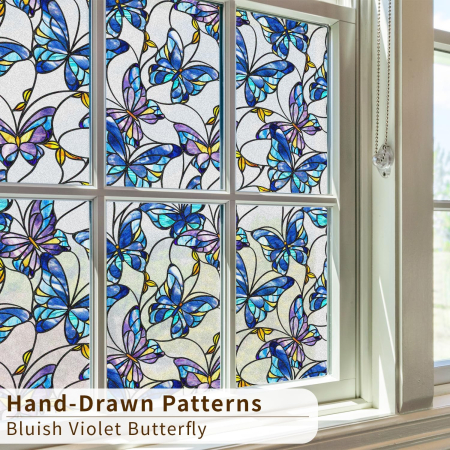 Folie autoadeziva blurata pentru confidentialitate ferestre , blocant UV 30x300 cm fluturi albastri [3]