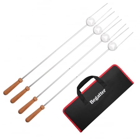 CAMPING - Frigarui lungi din otel inoxidabil cu maner din lemn de fag 81.3cm- set 4 bucati