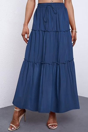 ROCHII - Fusta casual cu talie elastica, in trepte, albastra S