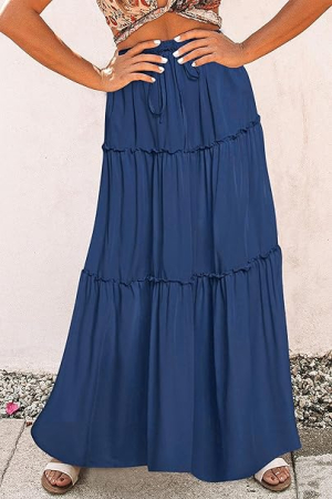 Fusta casual cu talie elastica, in trepte, albastra L [2]