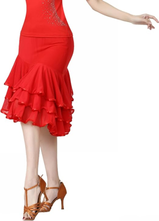Fustă rosie de Dans Damă Ballroom și Latin, Talia Elastică 62-107 cm, Lungime 67 cm, Croi Evazat, pentru Waltz, Tango, Foxtrot [3]