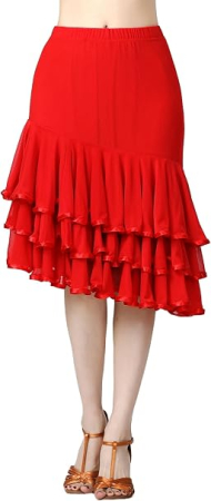 ROCHII - Fustă rosie de Dans Damă Ballroom și Latin, Talia Elastică 62-107 cm, Lungime 67 cm, Croi Evazat, pentru Waltz, Tango, Foxtrot