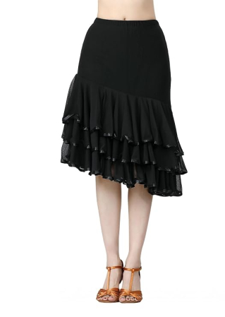 ROCHII - Fustă neagra de Dans Damă Ballroom și Latin, Talia Elastică 62-107 cm, Lungime 67 cm, Croi Evazat, pentru Waltz, Tango, Foxtrot