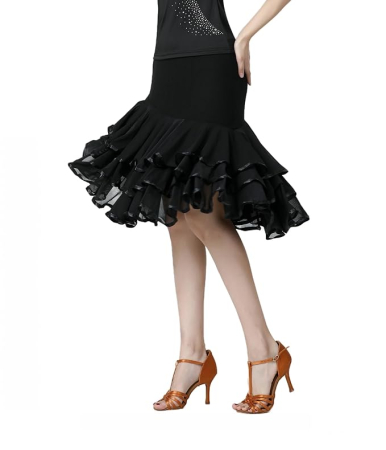 Fustă neagra de Dans Damă Ballroom și Latin, Talia Elastică 62-107 cm, Lungime 67 cm, Croi Evazat, pentru Waltz, Tango, Foxtrot [2]