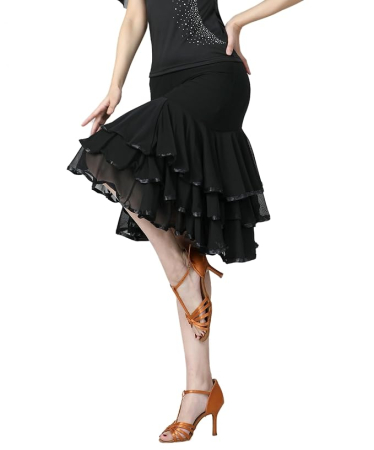 Fustă neagra de Dans Damă Ballroom și Latin, Talia Elastică 62-107 cm, Lungime 67 cm, Croi Evazat, pentru Waltz, Tango, Foxtrot [1]