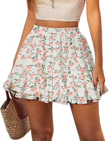 IMBRACAMINTE - Fusta sport plisata, evazata pentru femei, talie elastica,alba cu flori XL
