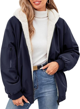 Geci si Veste dama - Geacă albastra Damă, de Iarnă, Reversibilă, Lungă, cu Glugă, Căptușeală Sherpa/Lână de Miel, Fermoar Dublu, 2 Buzunare, S