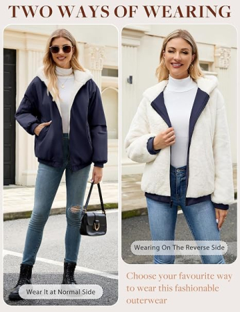 Geacă alba Damă, de Iarnă, Reversibilă, Lungă, cu Glugă, Căptușeală Sherpa/Lână de Miel, Fermoar Dublu, 2 Buzunare, 2XL [2]