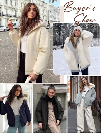 Geacă alba Damă, de Iarnă, Reversibilă, Lungă, cu Glugă, Căptușeală Sherpa/Lână de Miel, Fermoar Dublu, 2 Buzunare, 2XL [1]