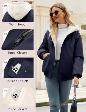 Geacă alba Damă, de Iarnă, Reversibilă, Lungă, cu Glugă, Căptușeală Sherpa/Lână de Miel, Fermoar Dublu, 2 Buzunare, 2XL [3]