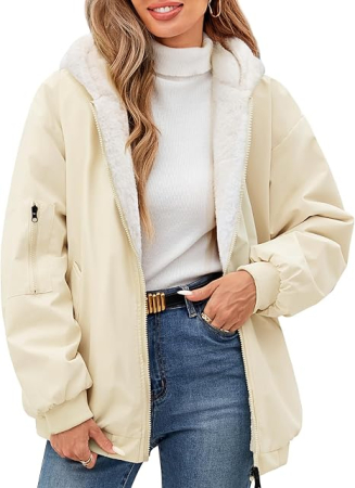 Geci si Veste dama - Geacă alba Damă, de Iarnă, Reversibilă, Lungă, cu Glugă, Căptușeală Sherpa/Lână de Miel, Fermoar Dublu, 2 Buzunare, 2XL