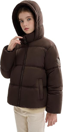 Geci si veste copii - Geaca maro de iarna pentru fete, cu gluga, captusita, 8 ani, 128 cm