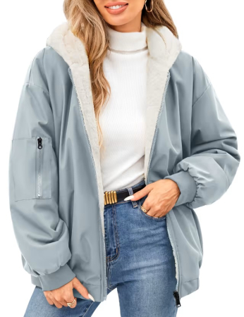 Geci si Veste dama - Geacă bleu Damă, de Iarnă, Reversibilă, Lungă, cu Glugă, Căptușeală Sherpa/Lână de Miel, Fermoar Dublu, 2 Buzunare, XL