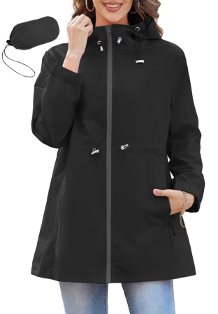 Geci si Veste dama - Geacă neagra Damă PONCEAU, Jacheta Rezistentă la Apă și Vânt, cu Glugă, 100% Poliester, L