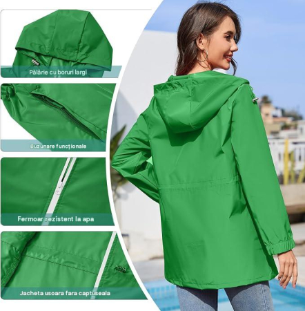 Geacă verde Damă PONCEAU, Jacheta Rezistentă la Apă și Vânt, cu Glugă, 100% Poliester, XL [3]