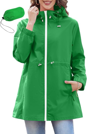 Geci si Veste dama - Geacă verde Damă PONCEAU, Jacheta Rezistentă la Apă și Vânt, cu Glugă, 100% Poliester, M