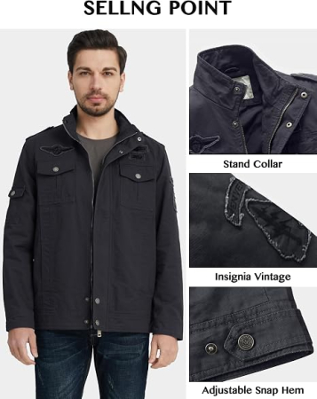 Geacă gri Militară Bărbați, Jacheta Căptușită, Windproof, Guler Înalt, 6 Buzunare, S [3]