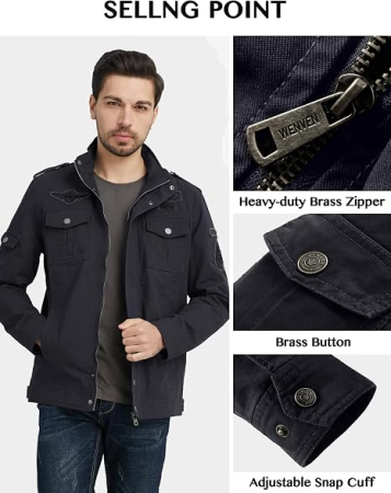 Geacă gri Militară Bărbați, Jacheta Căptușită, Windproof, Guler Înalt, 6 Buzunare, S [4]