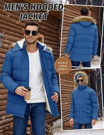 Geacă albastra Iarnă Bărbați Heekpek, Parka Lungă, Impermeabilă, cu Glugă Detașabilă și Căptușeală Fleece, L [1]