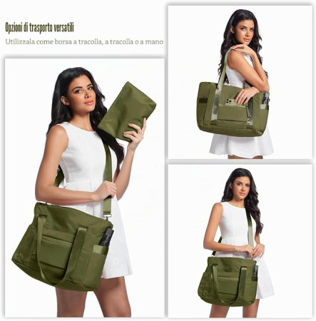 Geantă verde Damă Shopper Mare, pentru Laptop 15.6", Impermeabila, 7 Buzunare, Geantă Cosmetică Inclusă, Curea Reglabilă și Detașabilă, Compartiment Troler [1]