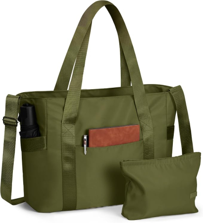 Genti dama - Geantă verde Damă Shopper Mare, pentru Laptop 15.6", Impermeabila, 7 Buzunare, Geantă Cosmetică Inclusă, Curea Reglabilă și Detașabilă, Compartiment Troler